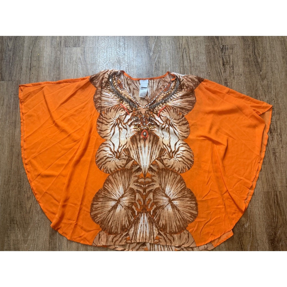 Chicos Beaded V-Neck Kaftan Top Orange Seashell Print Dolman Sleeve SM